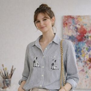 Mili Desique Zebra Embroidered Stripe Button Down Shirt PM Crystal Detail Artsy